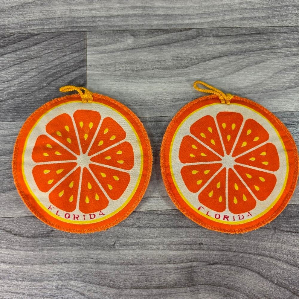 Vintage Florida Orange Slice Potholders Set of 2 Cloth Hot Pads Souvenir Retro
